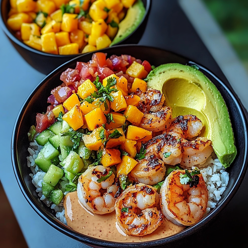 Bowl filled with grilled shrimp, sliced avocado, mango salsa, and lime-chili sauce over a bed of rice, garnished with fresh cilantro and lime wedges.