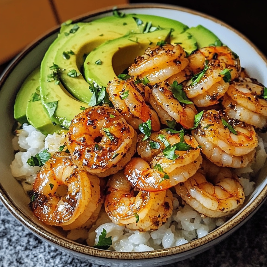 Bowl filled with spicy grilled shrimp, sliced avocado, jasmine rice, and fresh vegetables, garnished with cilantro and lime wedges.