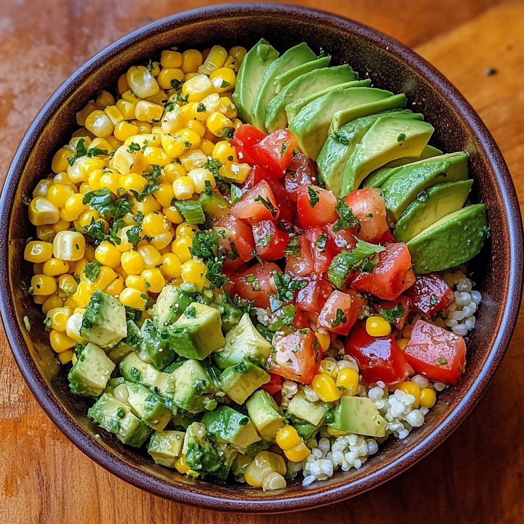 Bowl of summer corn salad with avocado, cherry tomatoes, red onion, and fresh herbs, tossed in a light vinaigrette.