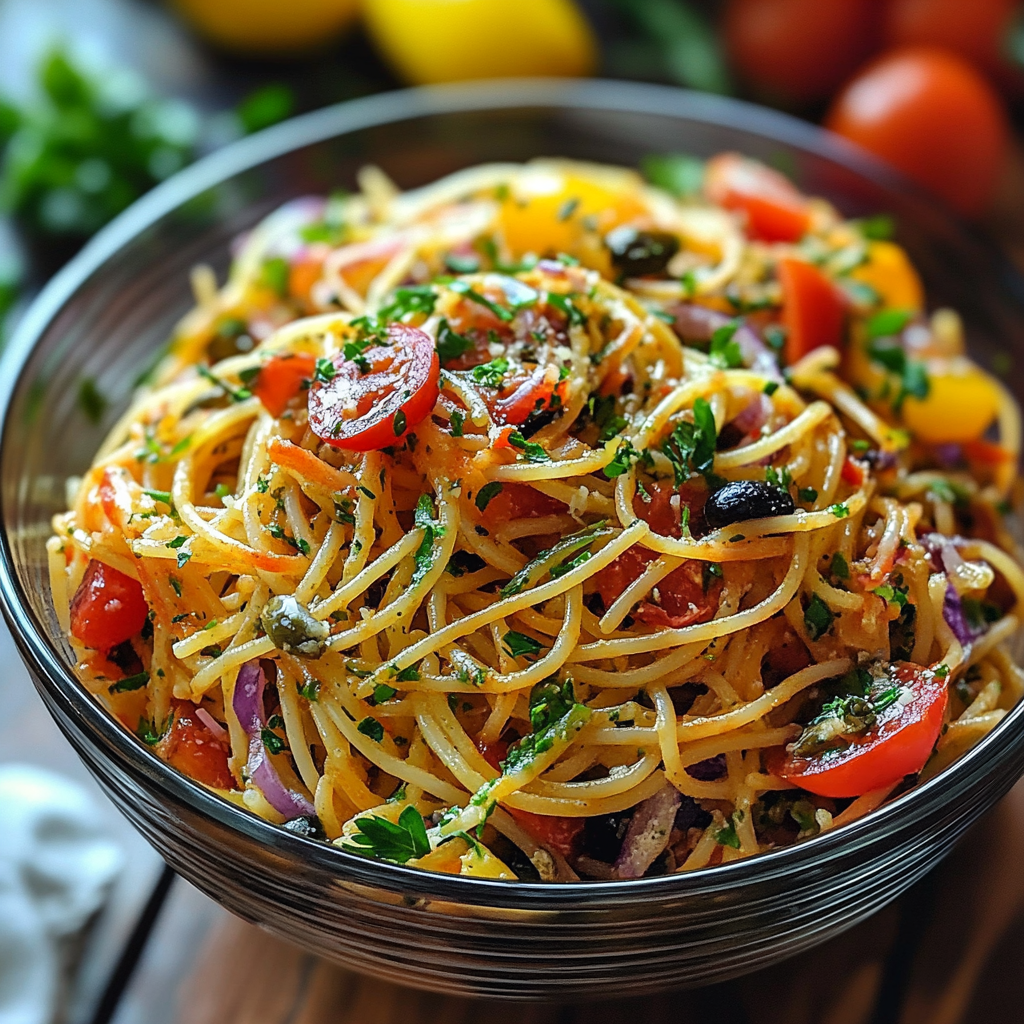 Bowl of Italian spaghetti salad with cherry tomatoes, cucumbers, bell peppers, and olives, tossed in Italian dressing and garnished with parsley.